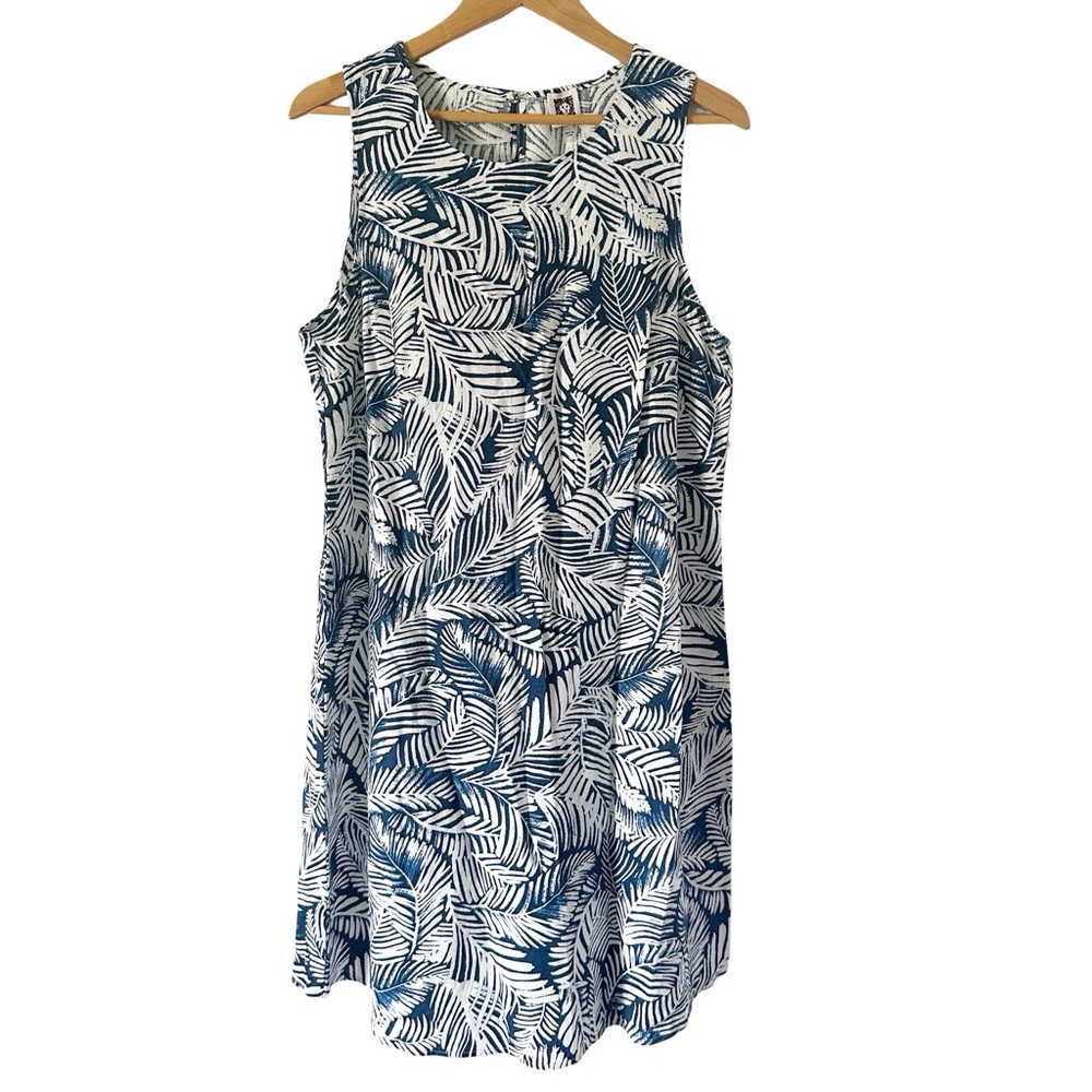 Anne Klein Linen Blend Palm Leaf Sleeveless Shift Dress Blue White 12